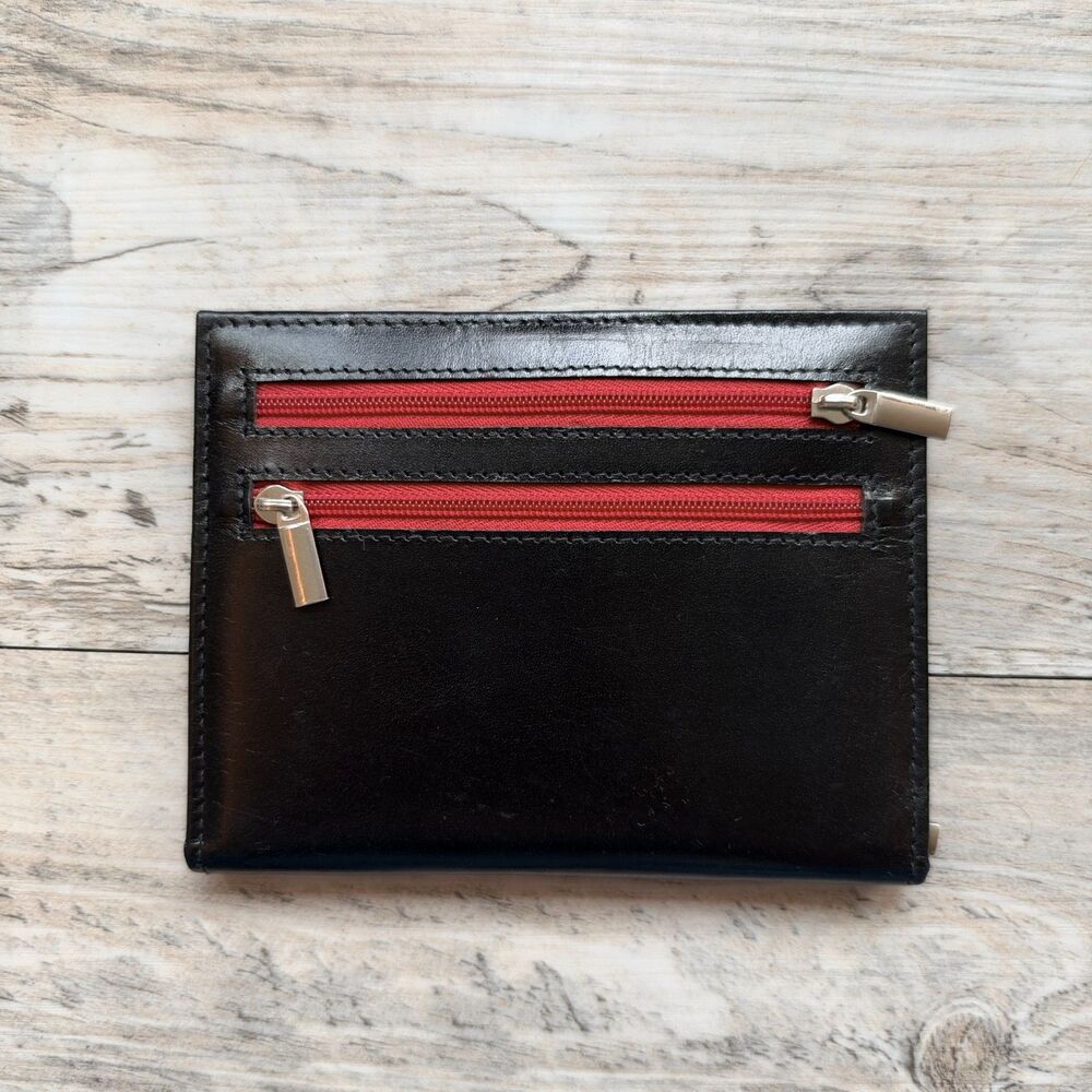 Vintage Black & Red Leather Organizer Wallet Double Zip Card Holder Y2K